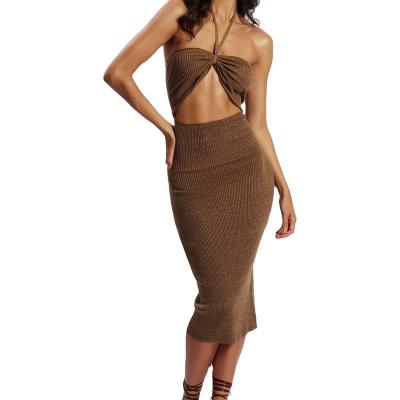 China Sustainable Khaki Brown Solid Color Off Shoulder Hollow Knit Short Sleeve Halter Midi Woman Fall Dress for sale