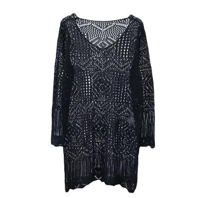 China Anti-wrinkle women knit mesh beach wear hollow crochet embroidery black boho cover up dress one size sunwear for sale