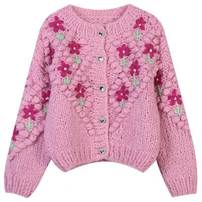 China fat Anti-wrinkle lady Vintage Bohemia roses knit cardigan crochet patterns unique design loose knit sweater with handmade flower decoration for sale