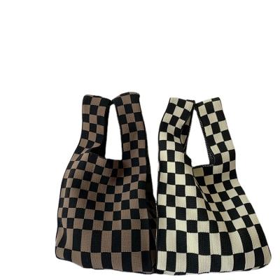 China Power Saver Summer Checkerboard Knit Women Knitting Small Storage Yarn Bag Custom DIY Hand Knitted Sweater Wool Cosmetic Bag for sale