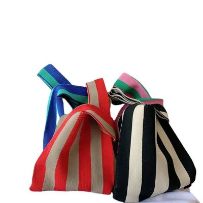 China Cool Power Saver Stripe Knitted Cosmetic Beach Bag Low Price Create Crochet Bags Fashion Handbag Handmade Kids Lunch Bags Boho For Women for sale