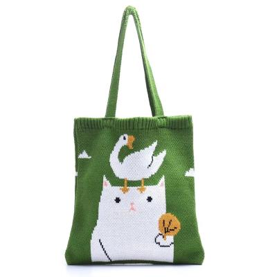 China 2022 PORTABLE Cute Cat Goose Cartoon Character Tote Bag Canvas Korean Hand Knitted Craft Knit Woolen Shopping Bags for Women or Kids for sale