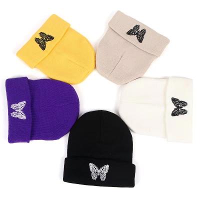 China COMMON Butterfly Animal Woolen Yarn Knitted Hats Beanie With Embroidery For Autumn Winter Warm Woolen Cashmere Customized OEM/ODM Design for sale