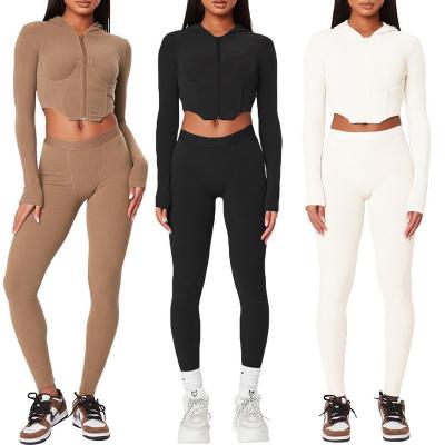 China 2022 Sale Women Clothing Solid Color Size Long Sleeve High Warm Breathable Sport QUICK DRY Long Panty 2 Piece Set Hoodie Set For Women for sale