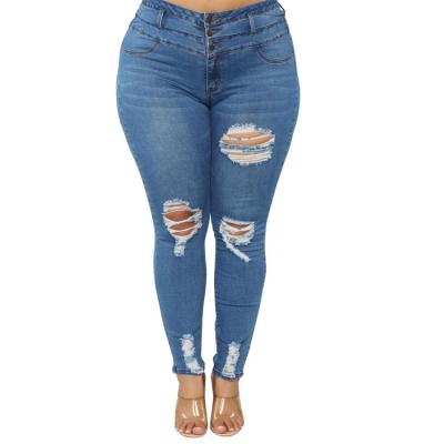 China Viable Hot Sale Fat Women Clothing Plus Size Jeans Stretch Ripped High Waist Jeans for sale