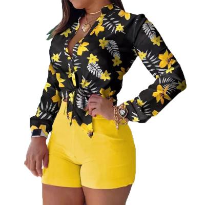 China Wholesale High Quality Digital Printing Anti-wrinkle Stand Collar Long Sleeve Shirt Shorts Set Plus Size Women Casual Clothes for sale