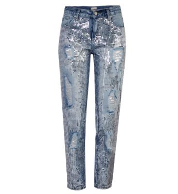 China Breathable Straight Leg Cropped Shiny Shiny Metal Embroidered Beaded Jeans Pants Women Sequin Trousers for sale