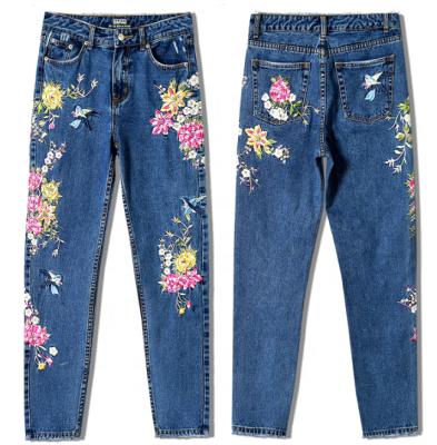 China High Waisted Birds Breathable Women Pants 100% Cotton And Flower Embroidery Leg Jeans Ladies Breathable Pants Factory Directly for sale