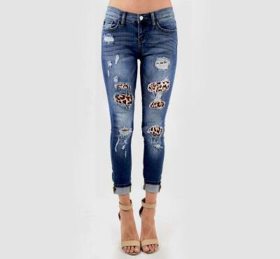 China Good Quality Breathable Breathable Mid Waist Leopard Patches Elastic Stretch Ladies Ripped Jeans Women Denim Pencil Jeans Skinny Fit Pants for sale