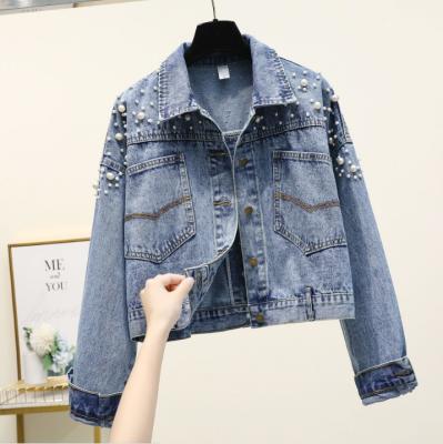 China Breathable Suppliers Wholesale Fashion Breathable Casual Denim Jackets Punk Pearl Beaded Classic Lattice Denim Jacket For Women for sale