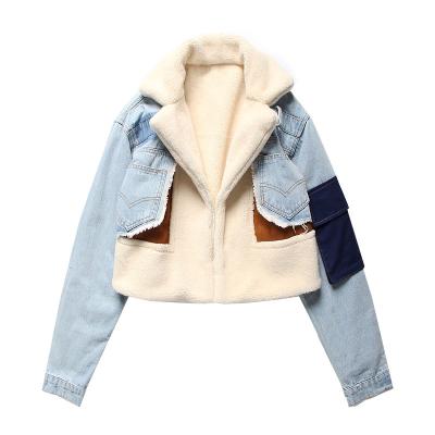 China Breathable Lamb Fur Suede Collar Spliced ​​Faux Shearling Fur Lining Parkas Contract Color Fur Denim Jacket Women Winter Female Coat for sale