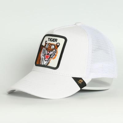 China Hot Sale High Quality JOINT Custom Design Embroidery Logo Tiger Trucker Caps Hat Animal Printing 5 Panel Mesh Trucker Hats For Men for sale