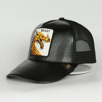 China 5 Panel Embroidery Dragon COMMON Custom PU 5 Panel Hat Embroidered Cotton Printing Mesh Trucker Cap Hat for sale