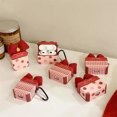 China Fanshion New Year Gift Girl Luxury Grids Designer Custom Red Bow Leather Case Earphone Cover For Airpods 3 pro 1 2 for air pods pro 3 for sale