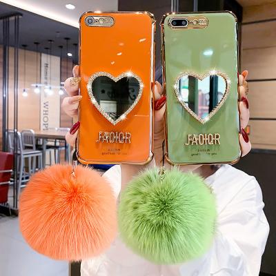 China Luxury Shockproof Girl Makeup Mirror Phone Cover With Hairball Silicone Cell Phone Case For iPhone 12 11 pro Max XR XS 8 7 plus for sale