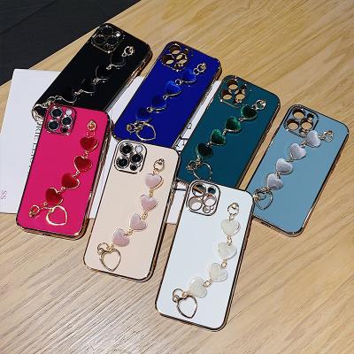 China Luxury Girl Shockproof Plating Back Cover With Love Heart Strap Silicone Cell Phone Case For iPhone 13 12 11 pro Max MiNi X XS XR for sale