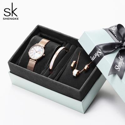 China 2021 Rose Gold Mesh Watch Gift set Lovely Bracelet Necklace Women Watch Set Hot Sale Lady Wristwatch Set for sale