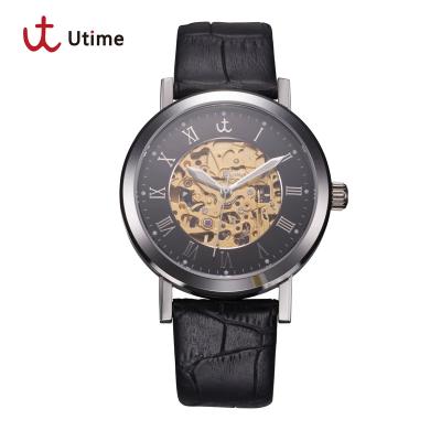 Cina UTIME Mens Watches Luxury Brand Fashion Hollow Design Men Watch Genuine Leather Band Mechanical Wristwatch Relegio Masculino in vendita