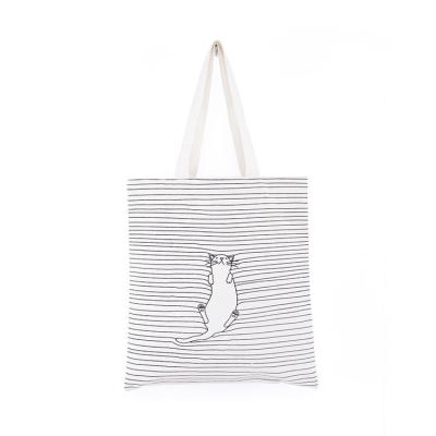 China Heli High Quality Shopping Stripe Cat Print Cloth Eco Cotton Handled Bag for sale