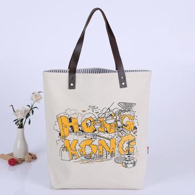 China Heli Artistic Font Printing Grocery Leather Handled Handle Cotton Shopper Bag for sale