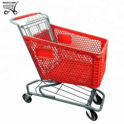 China Unfolding Supermarket Red Basket Plastic Shopping Trolley for sale