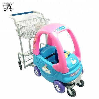 China New Style Supermarket Children Unveiling Plastic Kids Ride On Cart Shopping Trolley With Toy Car for sale