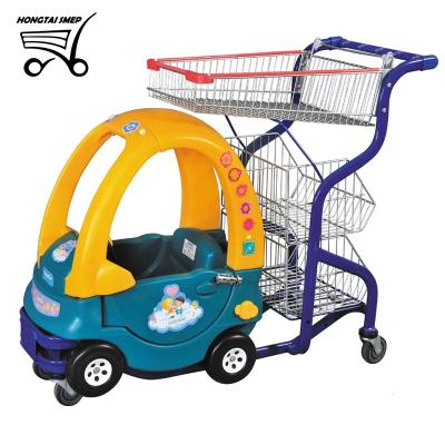 China New Style Supermarket Children Unveiling Plastic Kids Ride On Cart Shopping Trolley With Toy Car for sale