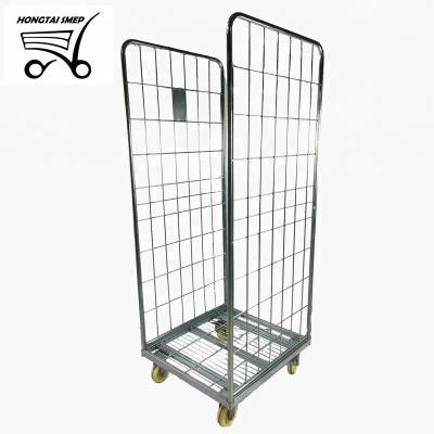 China Durable Supermarket Warehouse Wire Mesh Roll Container, Foldable Heavy Duty Steel Trolley Roll Cage for sale