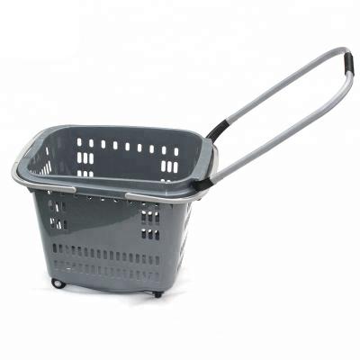 China PP Plastic Gray Metal Handle Plastic Shopping Trolley Baskets With Wheels for sale