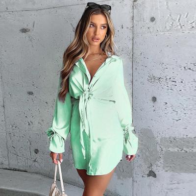 China Viable New Style Button Solid Color Autumn Shirt Dress Women Satin Cheap Casual Dress for sale