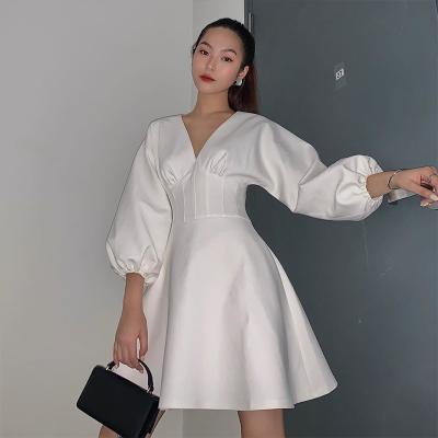 China 2021 Autumn New Style Viable Dress Sexy V-Neckline Puff Sleeve Pleated Waist Female Elegant Casual Dresses for sale