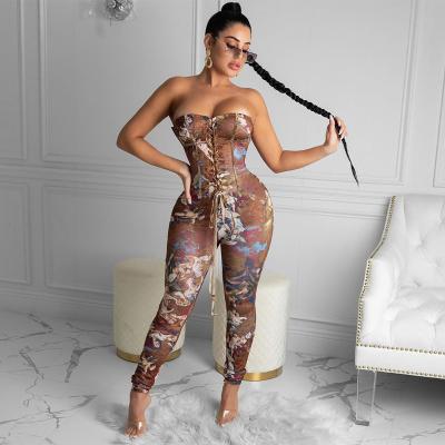 China Viable Women Fashion Word Sleeveless Shoulder Printed Bandage Bodycon Overalls for sale