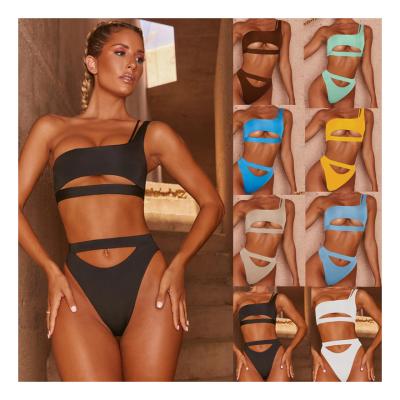 China One-shoulder One-Shoulder Hollow Out Swimwear Viable High Waist Slit Solid Color Women's Two-Piece Bikini Top for sale