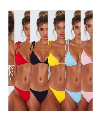 China 2021 Summer Reversible Solid Color Strappy Lace Up Sexy High Waisted Triangle Bikini Swimwear Swimwear Bikini Set for sale