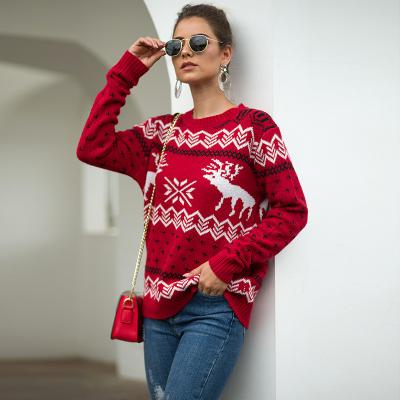 China Autumn Women Breathable Custom Girl Knit Sweater Round Neck Fawn Pattern Sweater Wholesale Ugly Christmas Sweater for sale