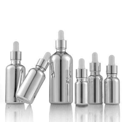 China Personal Care Wholesale Custom Silver Glass Dropper Bottle 10ml 20ml 30ml 50ml 100ml for sale