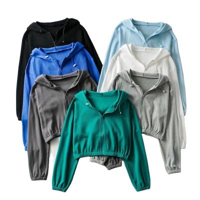 China Fashionable Women's Fitness Ladies Short Casual Hoodie Reversible Wholesale Loose Waffle Hoodie Coat Zipper for sale