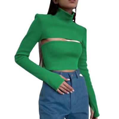 China Anti-wrinkle going out neck crop top hollow top fall ribbed bodycon t-shirt long sleeve top two piece set crop top wholesale crop top for sale