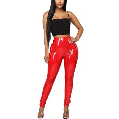 China Anti-Wrinkle Rich Womens Red High Shine Vinyl Pants Stretch Skinny Leather Pants for sale