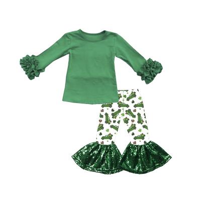 China Breathable Little Girl Outfit Sets Long Sleeve Ruffle Tops Green Bell Bottom Pants Saint Patrick Day Outfit for sale