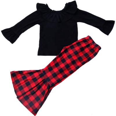 China Autumn and winter fashion black cotton washable long sleeve tops and two-piece plaid pants girls outfits for sale