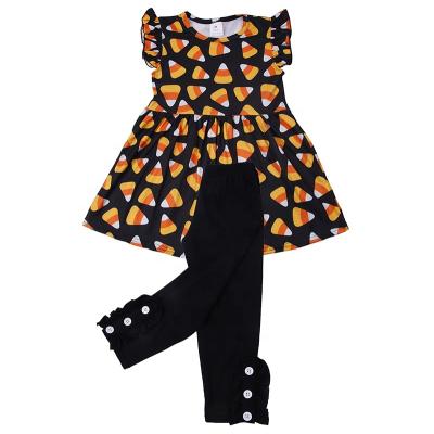 China Wholesale 2 Piece Halloween Candy Corn Applique Boutique Outfits Casual Kids Clothes Drop Dress Sets for sale