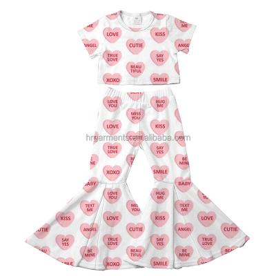 China New Arrival Casual Valentine's Day Printing Babies Teams 2 Pcs Sets Pink Heart Love Crop Tops Letter Bell Bottom Costume Kids Clothing for sale