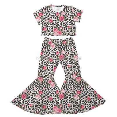 China Leopard Print Valentine's Day Casual Babies Teams 2 Pcs Sets Love Culture Tops Letter Flower Bell Bottom Costume Kids Clothing for sale