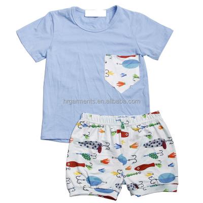 China New Arrival Casual Fish Print Light Blue Cotton T-Shirt With Pocket Boys Shorts 2 Pcs Sets Clothing Fashion Shorts Kids Outfits for sale