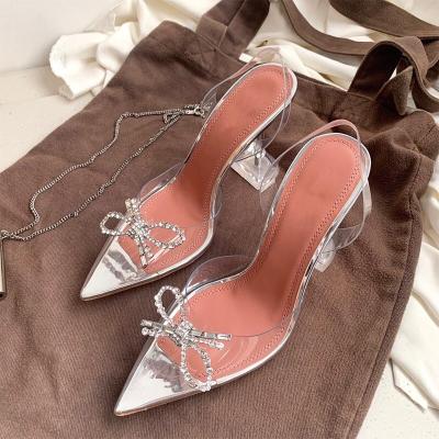 China Height Increasing 2022 New CIA Bow High Heels Pumps Crystal Transparent Rhinestone Heels Stiletto Bow Sandals Summer for sale