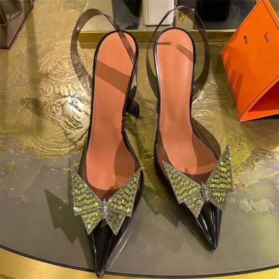 China Deodorization OEM Diamond Bow French Crystal High Spring Heels Women's Pointed Transparent Wedding Thin Heel Sandals for sale