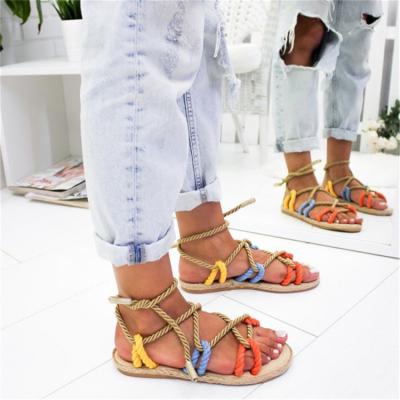 China Fashion Trend Natural Rattan Hemp Ladies Roman Sandals For Women Sandal Weaving Flat Female for sale