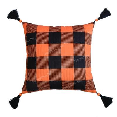 China /Orange Nondisposable Halloween Black Buffalo Printed Pillow Covers With Tassels Checks Stripe Cushion Covers Home Decor Tile Covers for sale