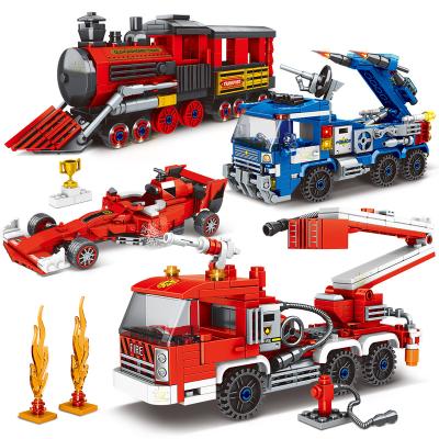 China Retro Building Toy UKBOO 300+pcs Simulation Steam Train Building Kit Fire Rescue Vehicles Mini Building Blocks Toys for sale